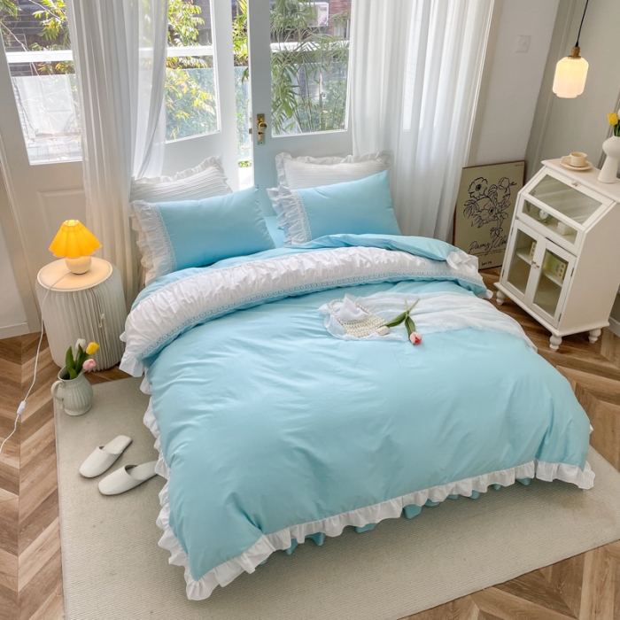 91家纺网 家纺一手货源 找家纺 淑女公社 2022新款全棉少女心事系列四件套 海洋蓝