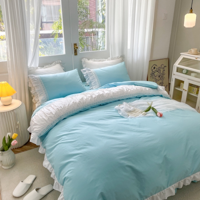 91家纺网 家纺一手货源 找家纺 淑女公社 2022新款全棉少女心事系列四件套 海洋蓝