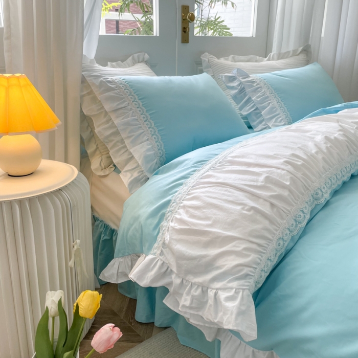 91家纺网 家纺一手货源 找家纺 淑女公社 2022新款全棉少女心事系列四件套 海洋蓝