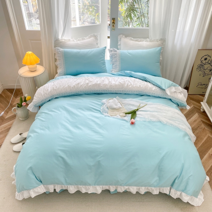 91家纺网 家纺一手货源 找家纺 淑女公社 2022新款全棉少女心事系列四件套 海洋蓝