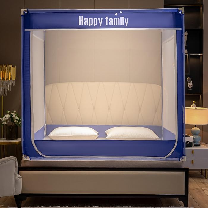 91家纺网 家纺一手货源 找家纺 坐床式外穿杆方顶三开门蚊帐—幸福一家人（宝石蓝）烤漆支架
