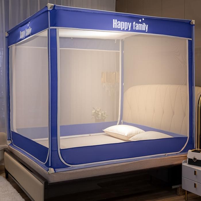 91家纺网 家纺一手货源 找家纺 坐床式外穿杆方顶三开门蚊帐—幸福一家人（宝石蓝）烤漆支架