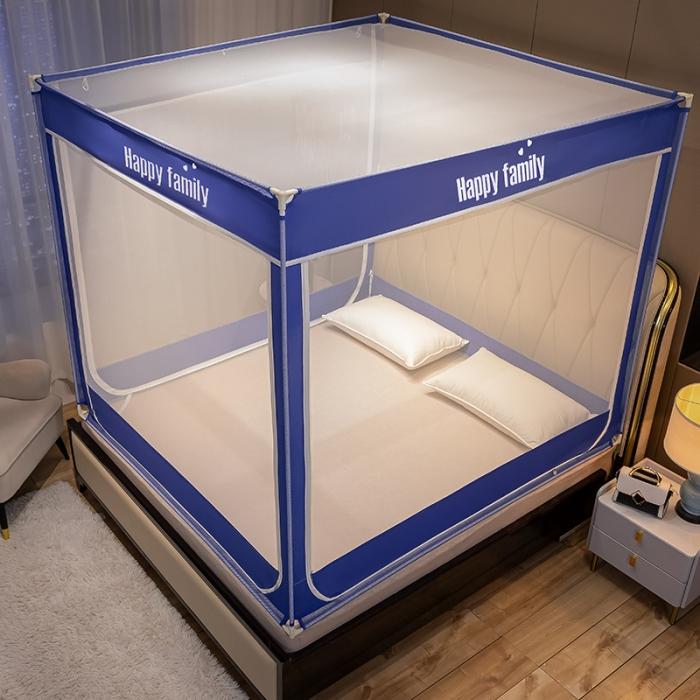 91家纺网 家纺一手货源 找家纺 坐床式外穿杆方顶三开门蚊帐—幸福一家人（宝石蓝）烤漆支架