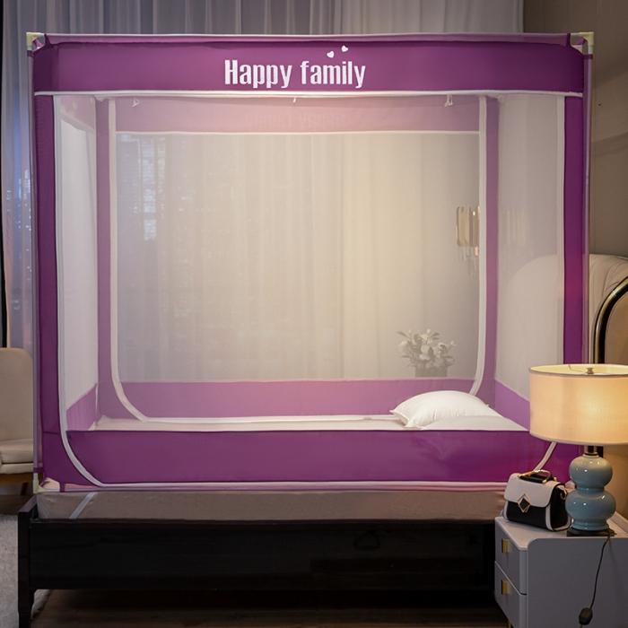 91家纺网 家纺一手货源 找家纺 坐床式外穿杆方顶三开门蚊帐—幸福一家人（高贵紫）烤漆支架