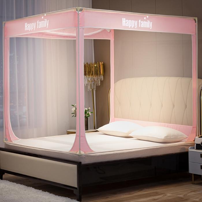 91家纺网 家纺一手货源 找家纺 坐床式外穿杆方顶三开门蚊帐—幸福一家人（温馨玉）烤漆支架