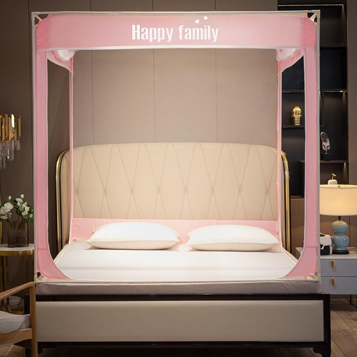 91家纺网 家纺一手货源 找家纺 坐床式外穿杆方顶三开门蚊帐—幸福一家人（温馨玉）烤漆支架