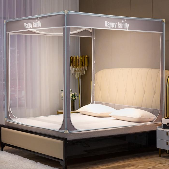 91家纺网 家纺一手货源 找家纺 坐床式外穿杆方顶三开门蚊帐—幸福一家人（绅士灰）烤漆支架