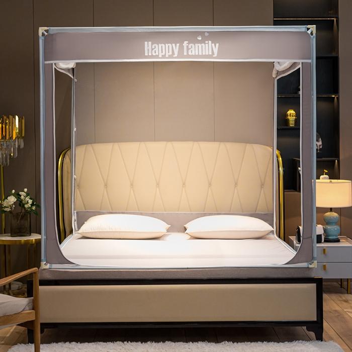 91家纺网 家纺一手货源 找家纺 坐床式外穿杆方顶三开门蚊帐—幸福一家人（绅士灰）烤漆支架