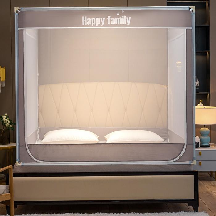 91家纺网 家纺一手货源 找家纺 坐床式外穿杆方顶三开门蚊帐—幸福一家人（绅士灰）烤漆支架