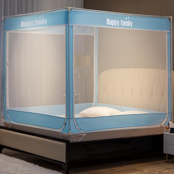 91家纺网 家纺一手货源 找家纺 坐床式外穿杆方顶三开门蚊帐—幸福一家人（天空蓝）烤漆支架