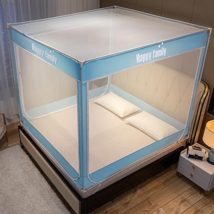 91家纺网 家纺一手货源 找家纺 坐床式外穿杆方顶三开门蚊帐—幸福一家人（天空蓝）烤漆支架