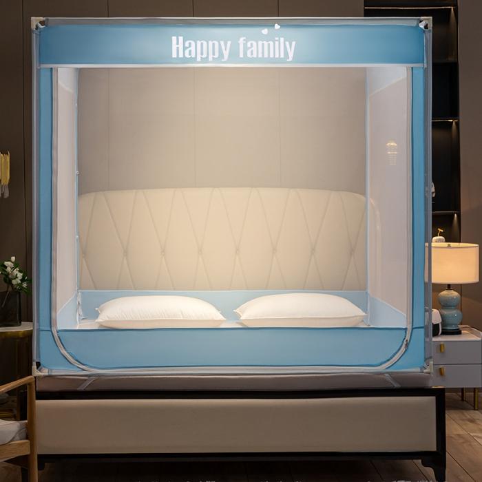 91家纺网 家纺一手货源 找家纺 坐床式外穿杆方顶三开门蚊帐—幸福一家人（天空蓝）烤漆支架