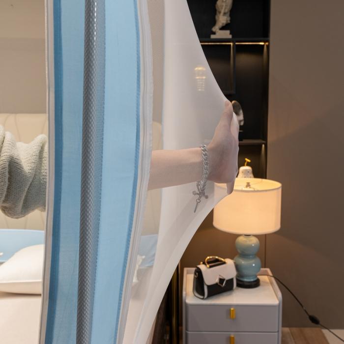 91家纺网 家纺一手货源 找家纺 坐床式外穿杆方顶三开门蚊帐—幸福一家人（天空蓝）烤漆支架