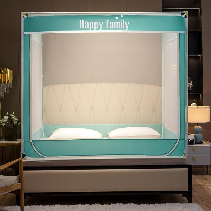 91家纺网 家纺一手货源 找家纺 坐床式外穿杆方顶三开门蚊帐—幸福一家人（清新绿） 烤漆支架