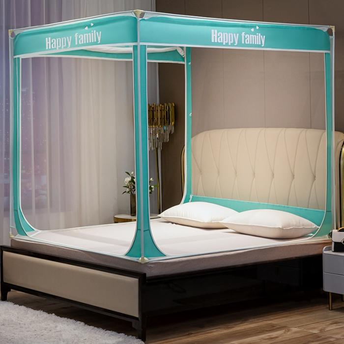 91家纺网 家纺一手货源 找家纺 坐床式外穿杆方顶三开门蚊帐—幸福一家人（清新绿） 烤漆支架