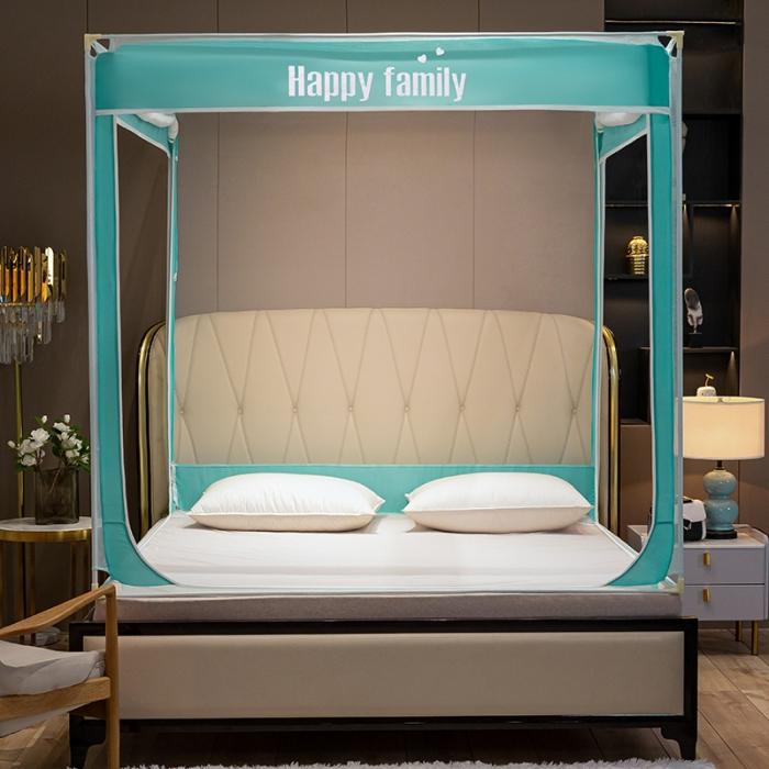91家纺网 家纺一手货源 找家纺 坐床式外穿杆方顶三开门蚊帐—幸福一家人（清新绿） 烤漆支架