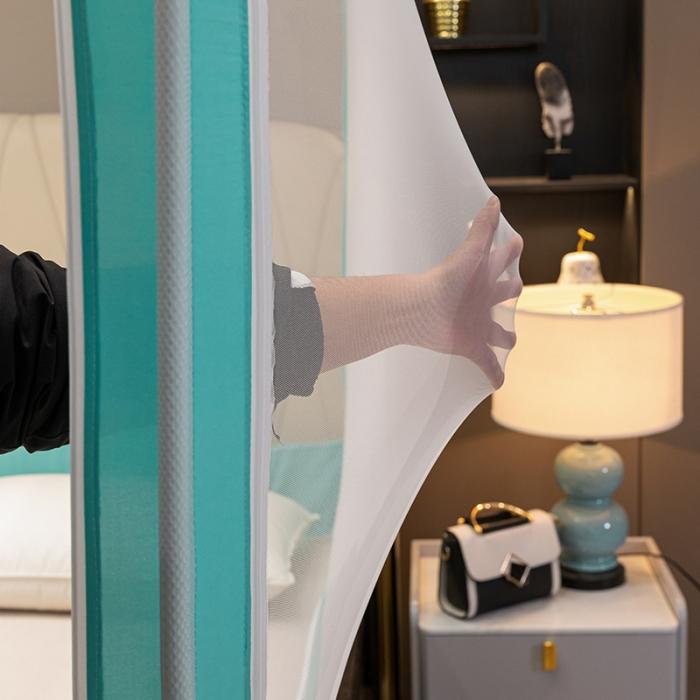 91家纺网 家纺一手货源 找家纺 坐床式外穿杆方顶三开门蚊帐—幸福一家人（清新绿） 烤漆支架