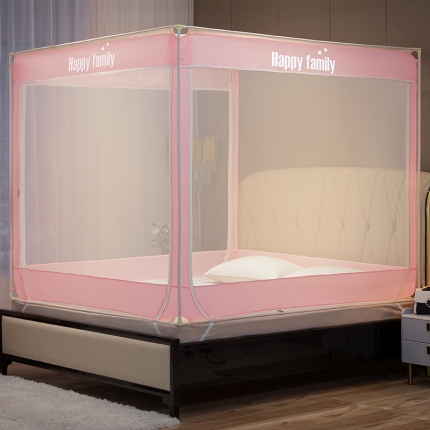91家纺网 家纺一手货源 找家纺 坐床式外穿杆方顶三开门蚊帐—幸福一家人（宝石蓝）烤漆支架