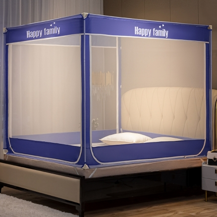 91家纺网 家纺一手货源 找家纺 坐床式外穿杆方顶三开门蚊帐—幸福一家人（宝石蓝）烤漆支架