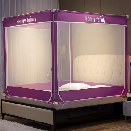 91家纺网 家纺一手货源 找家纺 坐床式外穿杆方顶三开门蚊帐—幸福一家人（宝石蓝）烤漆支架