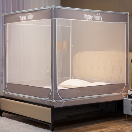 91家纺网 家纺一手货源 找家纺 坐床式外穿杆方顶三开门蚊帐—幸福一家人（宝石蓝）烤漆支架