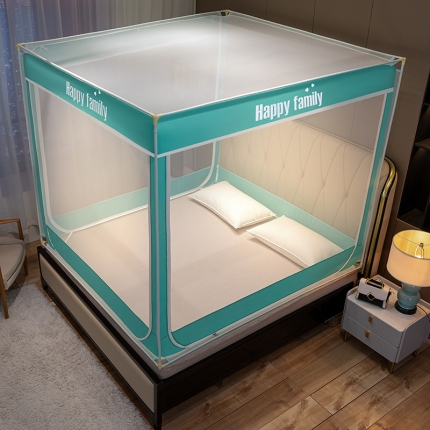 91家纺网 家纺一手货源 找家纺 坐床式外穿杆方顶三开门蚊帐—幸福一家人（高贵紫）烤漆支架