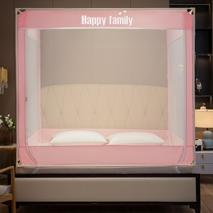 91家纺网 家纺一手货源 找家纺 坐床式外穿杆方顶三开门蚊帐—幸福一家人（温馨玉）烤漆支架