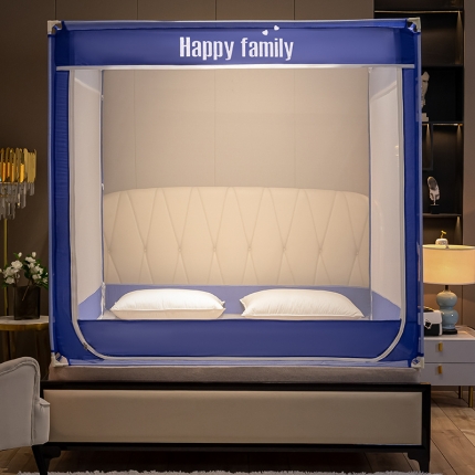 91家纺网 家纺一手货源 找家纺 坐床式外穿杆方顶三开门蚊帐—幸福一家人（温馨玉）烤漆支架