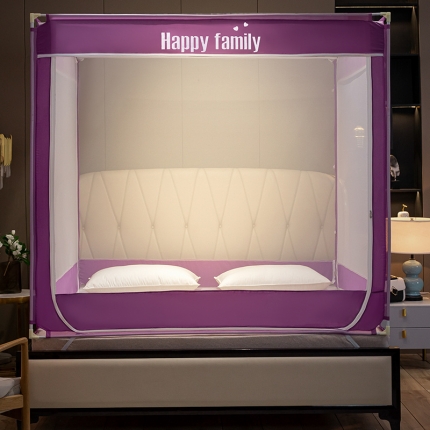 91家纺网 家纺一手货源 找家纺 坐床式外穿杆方顶三开门蚊帐—幸福一家人（温馨玉）烤漆支架