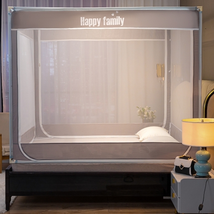 91家纺网 家纺一手货源 找家纺 坐床式外穿杆方顶三开门蚊帐—幸福一家人（绅士灰）烤漆支架