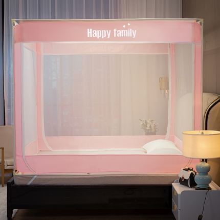 91家纺网 家纺一手货源 找家纺 坐床式外穿杆方顶三开门蚊帐—幸福一家人（绅士灰）烤漆支架