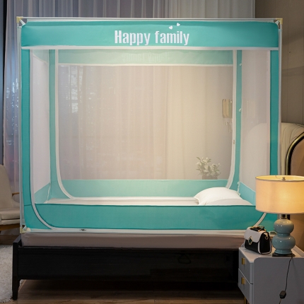 91家纺网 家纺一手货源 找家纺 坐床式外穿杆方顶三开门蚊帐—幸福一家人（绅士灰）烤漆支架