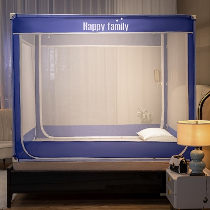 91家纺网 家纺一手货源 找家纺 坐床式外穿杆方顶三开门蚊帐—幸福一家人（绅士灰）烤漆支架