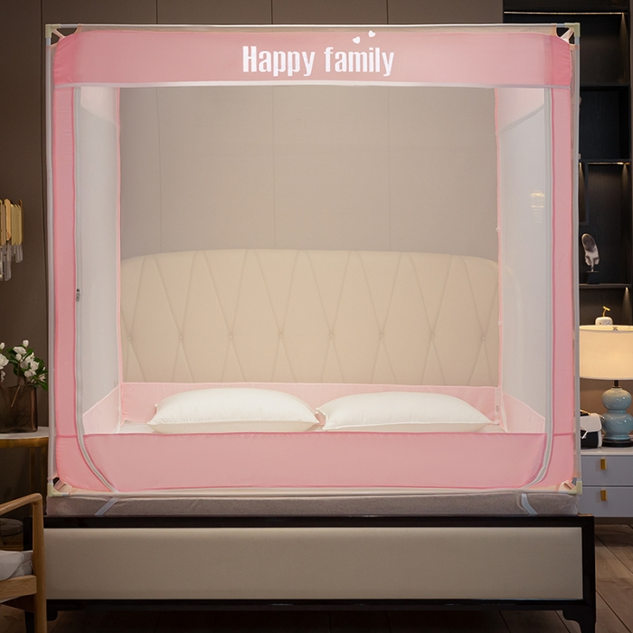 91家纺网 家纺一手货源 找家纺 坐床式外穿杆方顶三开门蚊帐—幸福一家人（温馨玉）烤漆支架