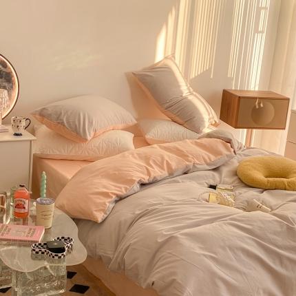 91家纺网 家纺一手货源 找家纺 昔可家纺 2021新款双拼加厚磨毛四件套 灰粉双拼