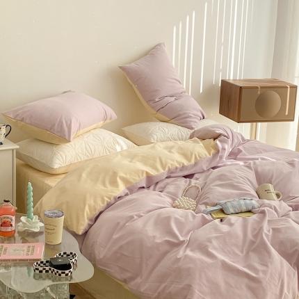 91家纺网 家纺一手货源 找家纺 昔可家纺 2021新款双拼加厚磨毛四件套 奶油紫双拼