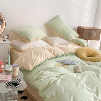 昔可家纺 2021新款双拼加厚磨毛四件套 薄荷绿双拼