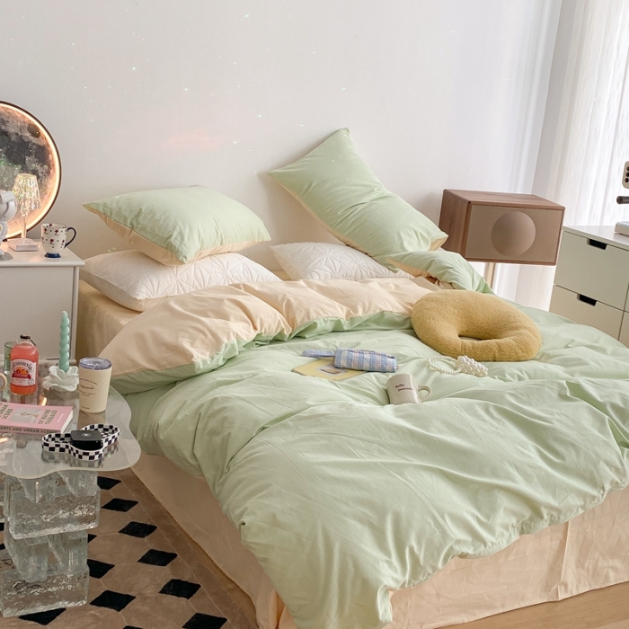 91家纺网 家纺一手货源 找家纺 昔可家纺 2021新款双拼加厚磨毛四件套 薄荷绿双拼