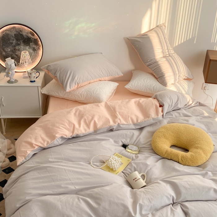 91家纺网 家纺一手货源 找家纺 昔可家纺 2021新款双拼加厚磨毛四件套 灰粉双拼