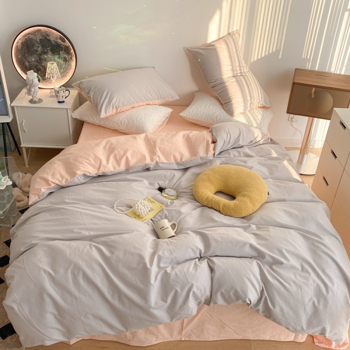 91家纺网 家纺一手货源 找家纺 昔可家纺 2021新款双拼加厚磨毛四件套 灰粉双拼