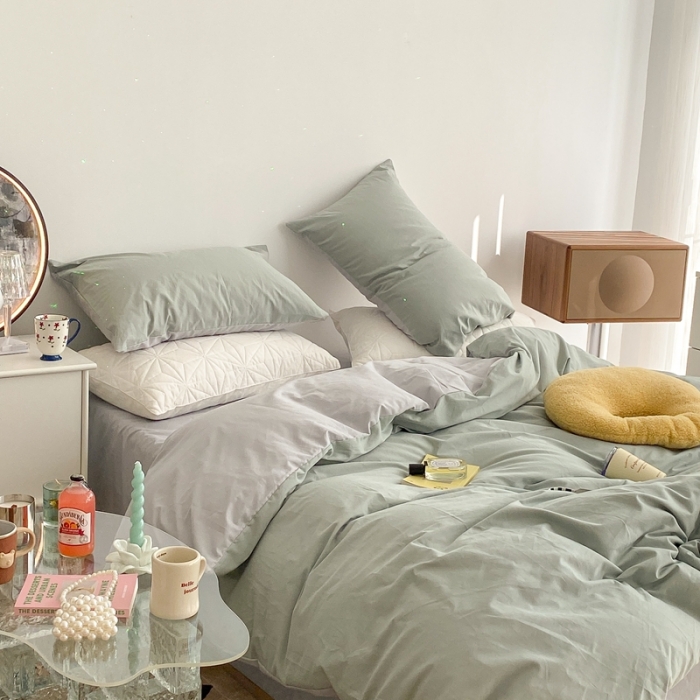 91家纺网 家纺一手货源 找家纺 昔可家纺 2021新款双拼加厚磨毛四件套 抹茶绿双拼