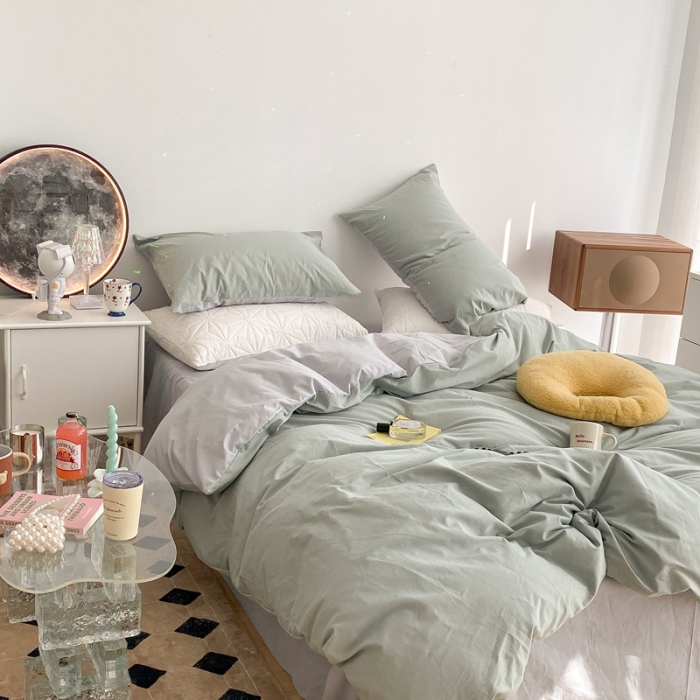 91家纺网 家纺一手货源 找家纺 昔可家纺 2021新款双拼加厚磨毛四件套 抹茶绿双拼