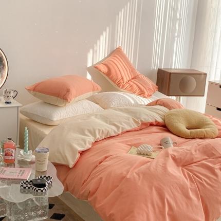 昔可家纺 2021新款双拼加厚磨毛四件套 奶桔双拼