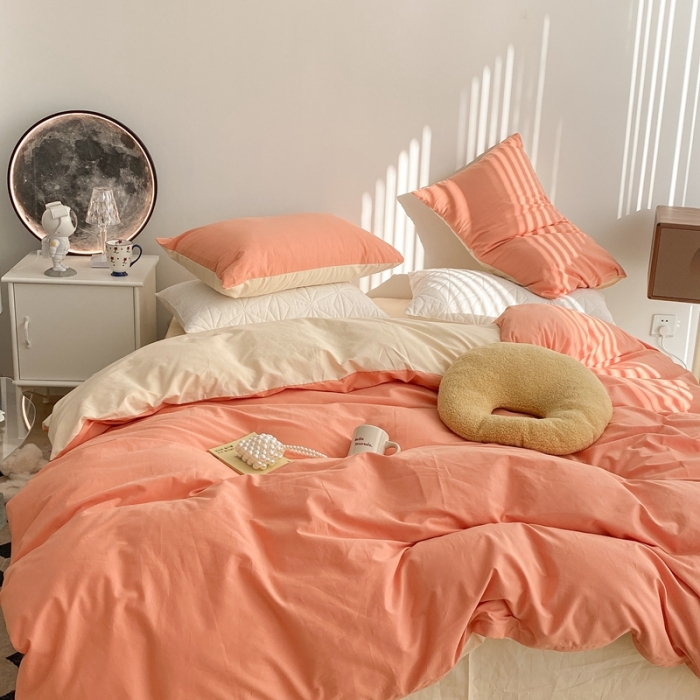 91家纺网 家纺一手货源 找家纺 昔可家纺 2021新款双拼加厚磨毛四件套 奶桔双拼