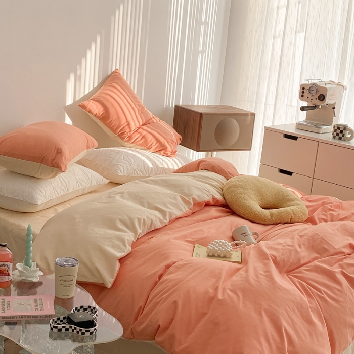 91家纺网 家纺一手货源 找家纺 昔可家纺 2021新款双拼加厚磨毛四件套 奶桔双拼