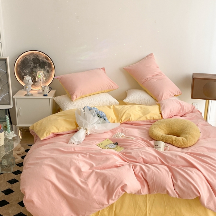 91家纺网 家纺一手货源 找家纺 昔可家纺 2021新款双拼加厚磨毛四件套 奶油粉双拼