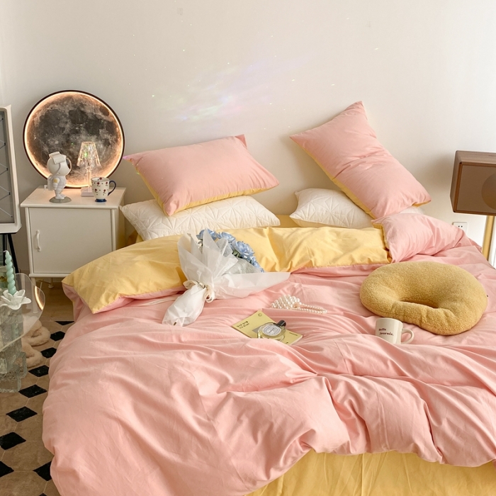 91家纺网 家纺一手货源 找家纺 昔可家纺 2021新款双拼加厚磨毛四件套 奶油粉双拼