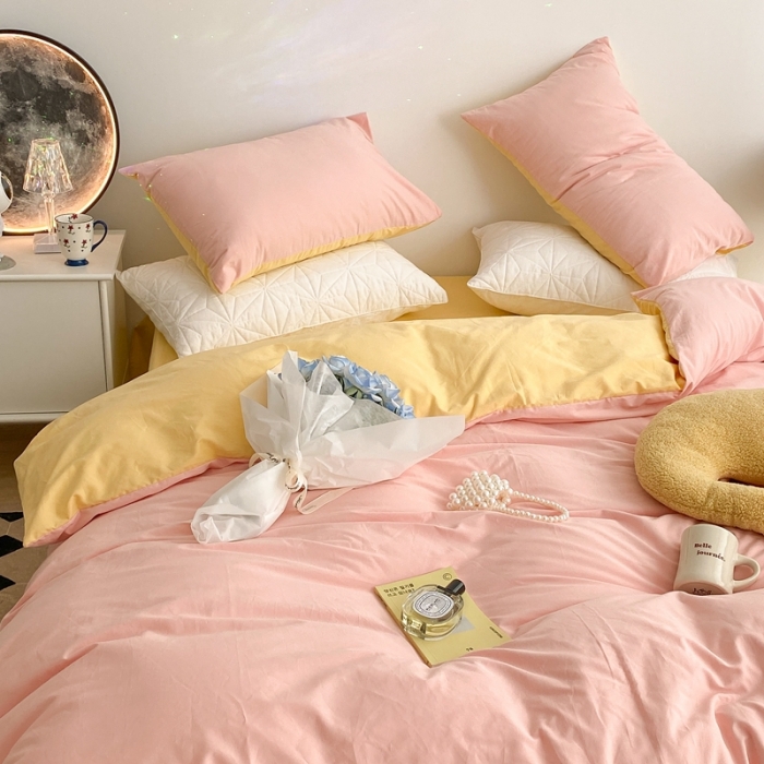 91家纺网 家纺一手货源 找家纺 昔可家纺 2021新款双拼加厚磨毛四件套 奶油粉双拼