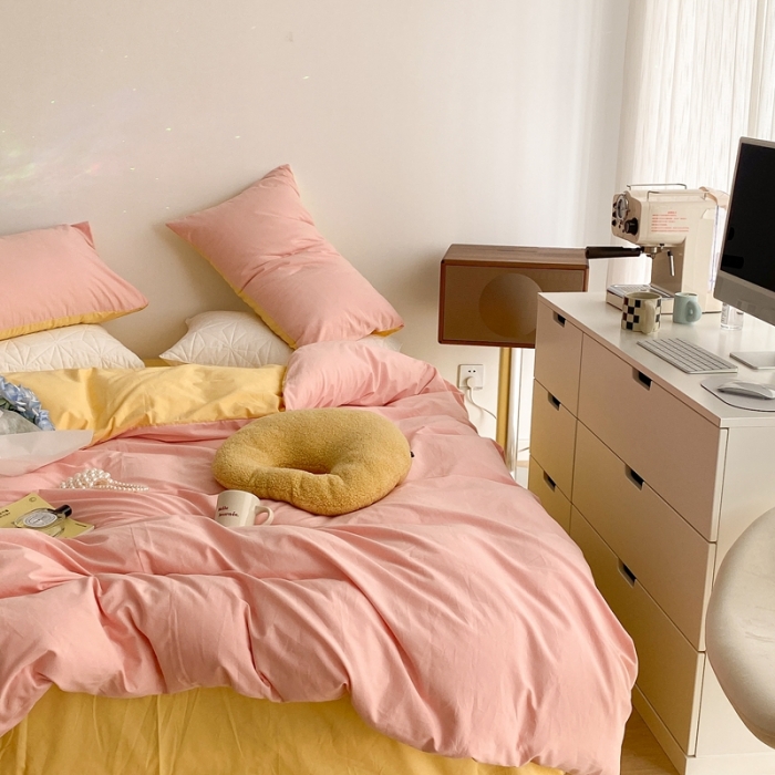 91家纺网 家纺一手货源 找家纺 昔可家纺 2021新款双拼加厚磨毛四件套 奶油粉双拼