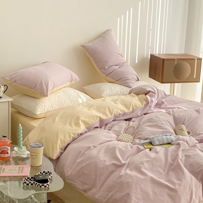 91家纺网 家纺一手货源 找家纺 昔可家纺 2021新款双拼加厚磨毛四件套 奶油紫双拼